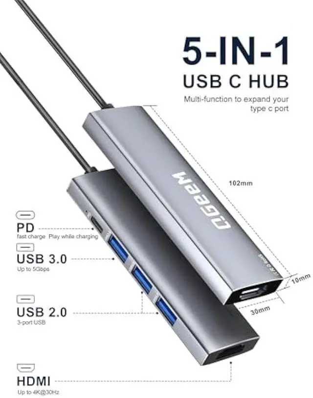 Alt view image 2 of 5 - QGeeM USB C Hub 5 in 1 MultiPort to 4K HDMI Adapter, 3 USB-A Data Ports, 100W Power Delivery, USB C Dongle for MacBook Pro/Air, iPad Pro, iMac, iPhone 15 Pro/Pro Max, XPS, Thinkpad etc.