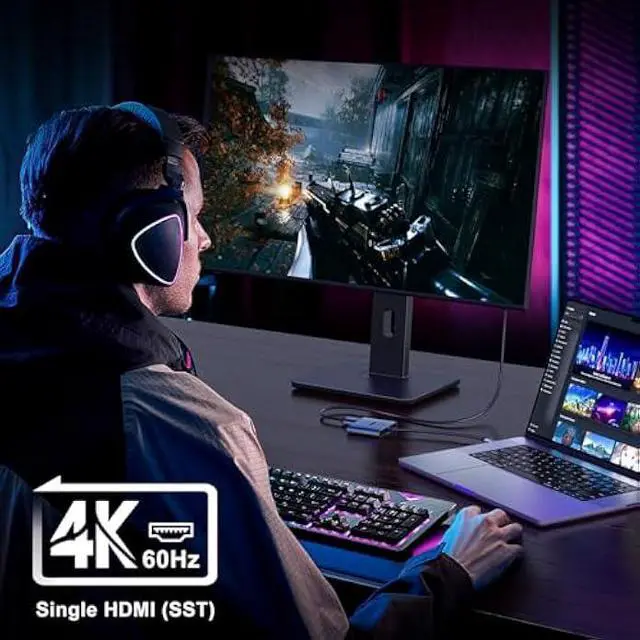 Alt view image 4 of 5 - USB C to Dual HDMI Adapter 4K@60hz, Type C to HDMI Splitter Extended Display for MacBook/MacBook Pro Air Dell XPS13/15, Samsung Galaxy S9/S9+ [MST Mode (Extended displays) Only for Win OS]