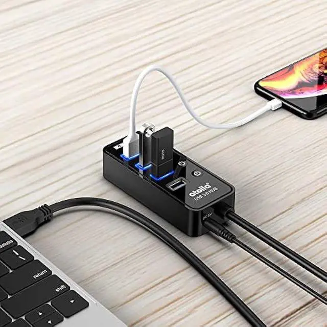 Alt view image 7 of 7 - Powered USB Hub Long Cord, atolla USB 3.0 Hub 4 + 1 Data Transfer and Charging Multiport with Power Supply Adapter 15W (5V/3A) and 3.3ft Meter USB 3 Extension Cable