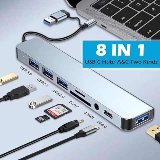 Alt view image 3 of 6 - USB Hub of PC,USB C Hub 8 in 1 USB Extender with 4 USB Port 1 USBC USB 3.0 Hub TF/SD Card Reader 3.5mm Audio Output for MacBook Pro/iPad Pro/HP Aluminum