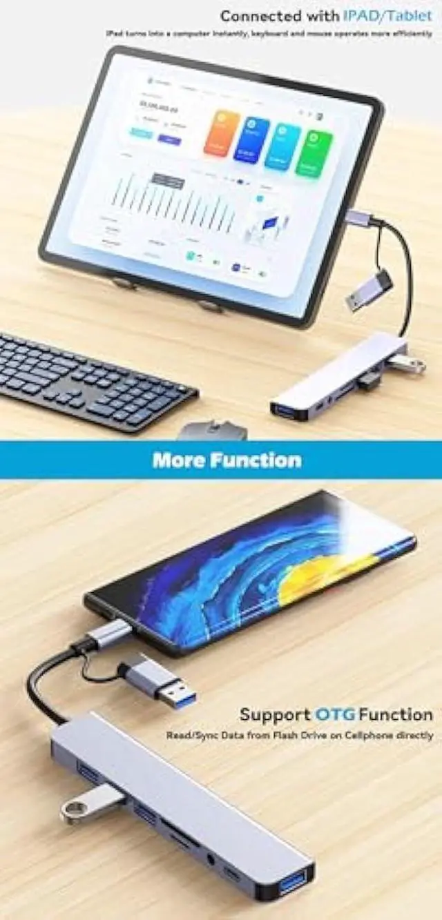 Alt view image 6 of 6 - USB Hub of PC,USB C Hub 8 in 1 USB Extender with 4 USB Port 1 USBC USB 3.0 Hub TF/SD Card Reader 3.5mm Audio Output for MacBook Pro/iPad Pro/HP Aluminum
