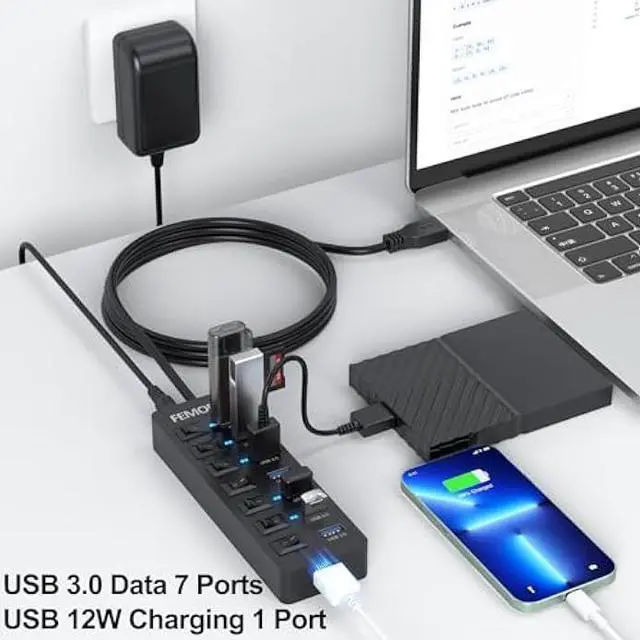 Alt view image 2 of 6 - Powered USB Hub 3.0, 5Gbps Data Transfer 7 Ports and 12W Charging-only 1 Port with 5V/3A Power Adapter 4Ft Long Cable & Individual Switches for Laptop PC Flash Drive External SSD HDD Keyboard Mouse