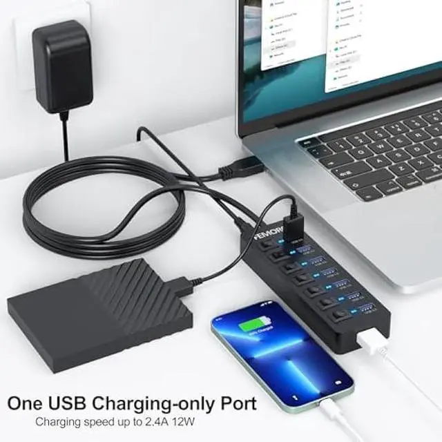 Alt view image 4 of 6 - Powered USB Hub 3.0, 5Gbps Data Transfer 7 Ports and 12W Charging-only 1 Port with 5V/3A Power Adapter 4Ft Long Cable & Individual Switches for Laptop PC Flash Drive External SSD HDD Keyboard Mouse