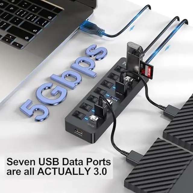 Alt view image 3 of 6 - Powered USB Hub 3.0, 5Gbps Data Transfer 7 Ports and 12W Charging-only 1 Port with 5V/3A Power Adapter 4Ft Long Cable & Individual Switches for Laptop PC Flash Drive External SSD HDD Keyboard Mouse