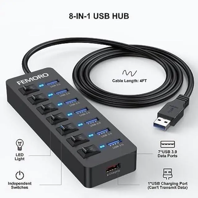 Alt view image 5 of 6 - Powered USB Hub 3.0, 5Gbps Data Transfer 7 Ports and 12W Charging-only 1 Port with 5V/3A Power Adapter 4Ft Long Cable & Individual Switches for Laptop PC Flash Drive External SSD HDD Keyboard Mouse