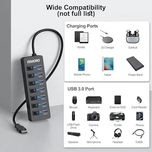 Alt view image 6 of 6 - Powered USB Hub 3.0, 5Gbps Data Transfer 7 Ports and 12W Charging-only 1 Port with 5V/3A Power Adapter 4Ft Long Cable & Individual Switches for Laptop PC Flash Drive External SSD HDD Keyboard Mouse