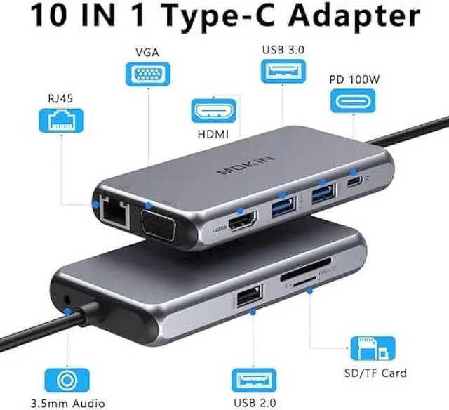 Alt view image 2 of 5 - USB C Hub Type C Multiport Adapter for MacBook Pro/Air, 10 in 1 Mac Dongle with HDMI, Ethernet, VGA, PD Port, 3 USB 3.0, SD/TF Card Reader and Mic/Audio for Windows Type C Laptops