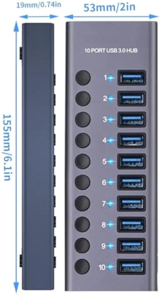 Alt view image 5 of 7 - MaxLax 10 Port Aluminum USB 3.0 hub with 10 Port USB Data Transfer,Power Adapter USB Splitter Independent Switch