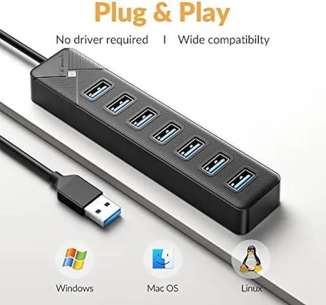 Alt view image 4 of 5 - GiGimundo PG7U 7-Port USB 3.0 Hub with USB-C Power Input Port - 5Gbps Multiport USB Dock Splitter for PC, Desktop, PS4, PS5, Xbox, and More - 3.3ft Long Cable, Black