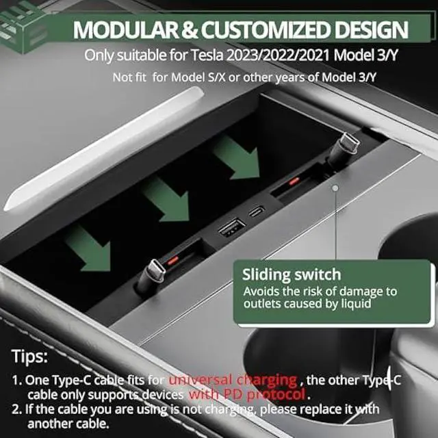 Alt view image 2 of 5 - EYPINS USB Hub Suitable for Tesla,Retractable Hub Docking Station for Tesla Model 3/Y 2021-2023,Fast Charge Cable Adapter,2pcs Type-C Retractable Cables,Center Console USB Hub Interior