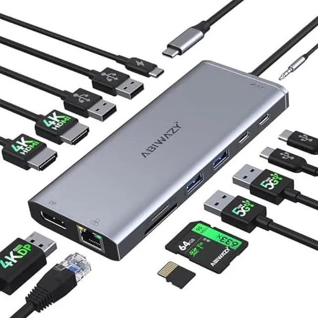 Main image of USB C Hub USB-C Docking Station Dual Monitor 14 in 1 Triple Display Multiport Adapter with 2 HDMI+DP+7 USB Type C/A Ports+Ethernet+Audio, USBC Dongle for Dell/HP/Lenovo ThinkPad/Surface(Grey)