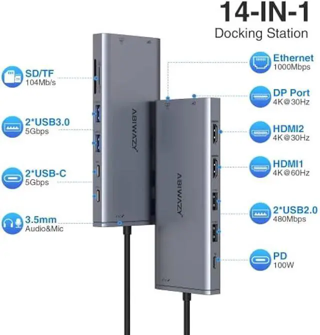 Alt view image 2 of 5 - USB C Hub USB-C Docking Station Dual Monitor 14 in 1 Triple Display Multiport Adapter with 2 HDMI+DP+7 USB Type C/A Ports+Ethernet+Audio, USBC Dongle for Dell/HP/Lenovo ThinkPad/Surface(Grey)