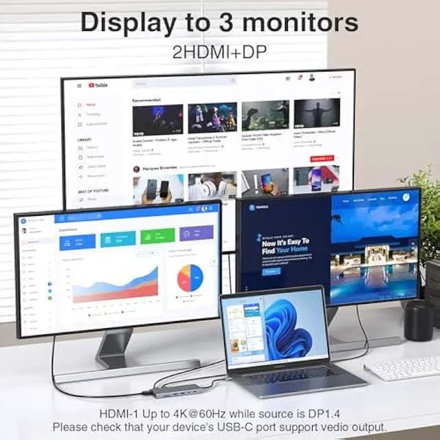 Alt view image 3 of 5 - USB C Hub USB-C Docking Station Dual Monitor 14 in 1 Triple Display Multiport Adapter with 2 HDMI+DP+7 USB Type C/A Ports+Ethernet+Audio, USBC Dongle for Dell/HP/Lenovo ThinkPad/Surface(Grey)