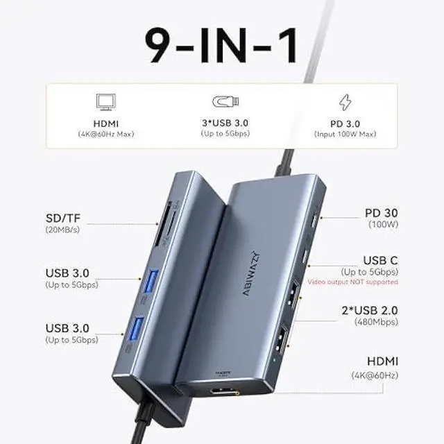 Alt view image 2 of 5 - USB C Hub Multiport Adapter for MacBook Pro/Air, 9 in 1 USB C Dongle Dock Mac HDMI Adapter Compatible for iPad Pro, iMac, Dell XPS, Thinkpad(4K@60Hz HDMI, SD/TF Card Reader, 100W PD, 5 USB Ports)