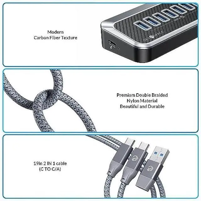 Alt view image 5 of 5 - USB Hub for Laptop, SETMSPACE USB Splitter with 7 Port USB 3.2 10Gbps Transfer, USB Port Hub with 2 in 1 Cable 19in, Multiple USB Port for Laptop, iMac, MacBook, Dell, Xbox