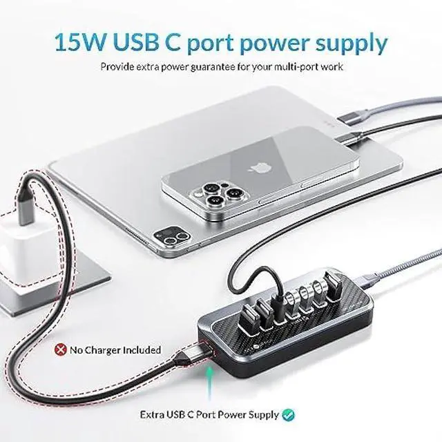Alt view image 4 of 5 - USB Hub for Laptop, SETMSPACE USB Splitter with 7 Port USB 3.2 10Gbps Transfer, USB Port Hub with 2 in 1 Cable 19in, Multiple USB Port for Laptop, iMac, MacBook, Dell, Xbox