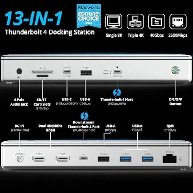 Alt view image 2 of 5 - WAVLINK Thunderbolt 4 Hub with Dual HDMI 4K@60Hz,100W Charging, Thunderbolt Certified, 13-in-1 Thunderbolt 4 Dock Dual Monitor Single 8K Output for Windows or Mac, 4X USB, 2.5G Ethernet,SD/MicroSD