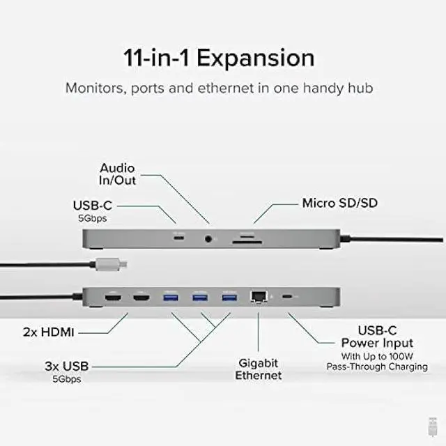 Alt view image 2 of 5 - Plugable 11-in-1 USB-C Hub, 100W USB-C Pass-Through, Laptop Docking Station Dual Monitor, 4K 60Hz HDMI, Compatible with Thunderbolt, Windows, Chromebooks, Displays Mirrored on Mac