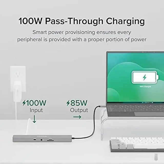 Alt view image 4 of 5 - Plugable 11-in-1 USB-C Hub, 100W USB-C Pass-Through, Laptop Docking Station Dual Monitor, 4K 60Hz HDMI, Compatible with Thunderbolt, Windows, Chromebooks, Displays Mirrored on Mac