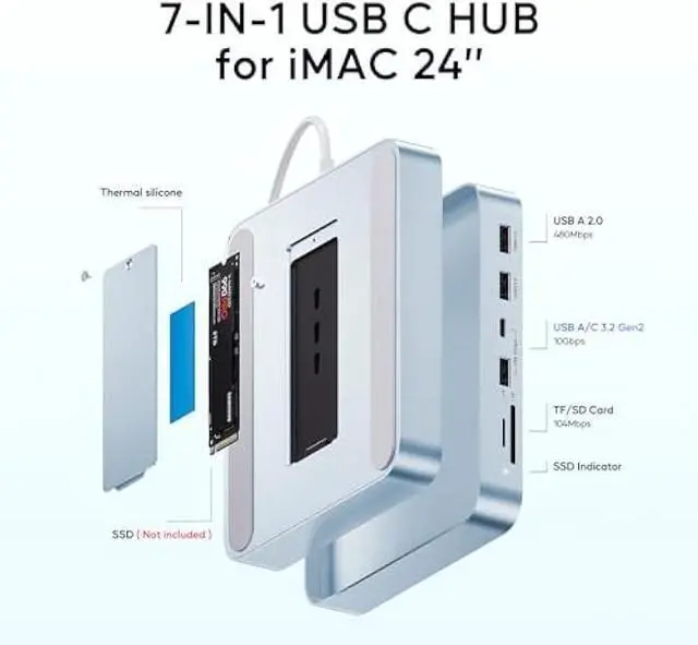 Alt view image 3 of 5 - USB C HUB for iMac 24 inch 2021/2023/2024, PULWTOP USB Hub Adapter iMac Accessories for iMac M1/M3/M4 with USB C 10Gbps 3*USB A SD/TF, Docking Station Support Expand M.2 SSD (Not Included),Blue