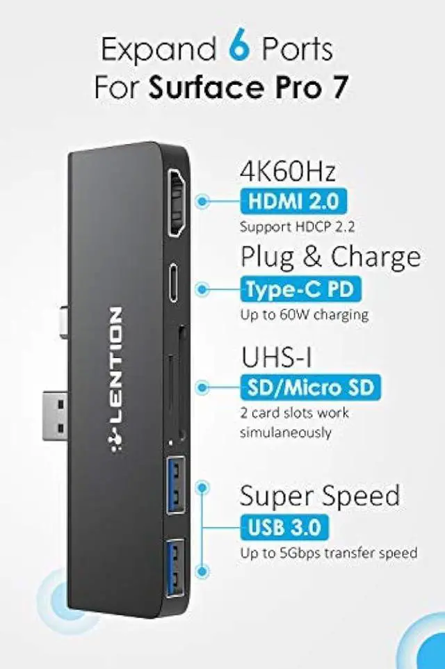 Alt view image 2 of 6 - LENTION Surface Pro 7 USB C Hub,6-in-1 Surface Pro 7 USB C Dock with 4K@60Hz HDMI Display, SD and Micro SD Dual Card Reader, 2 USB 3.0 Port, PD 60W Type C Charging Port (CS34,Black)
