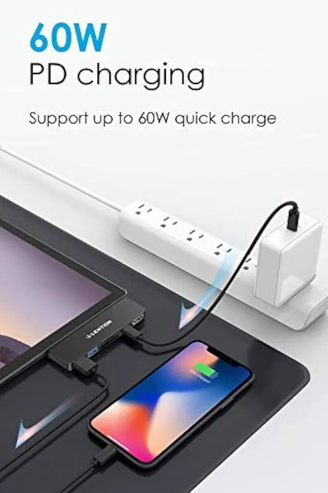 Alt view image 4 of 6 - LENTION Surface Pro 7 USB C Hub,6-in-1 Surface Pro 7 USB C Dock with 4K@60Hz HDMI Display, SD and Micro SD Dual Card Reader, 2 USB 3.0 Port, PD 60W Type C Charging Port (CS34,Black)