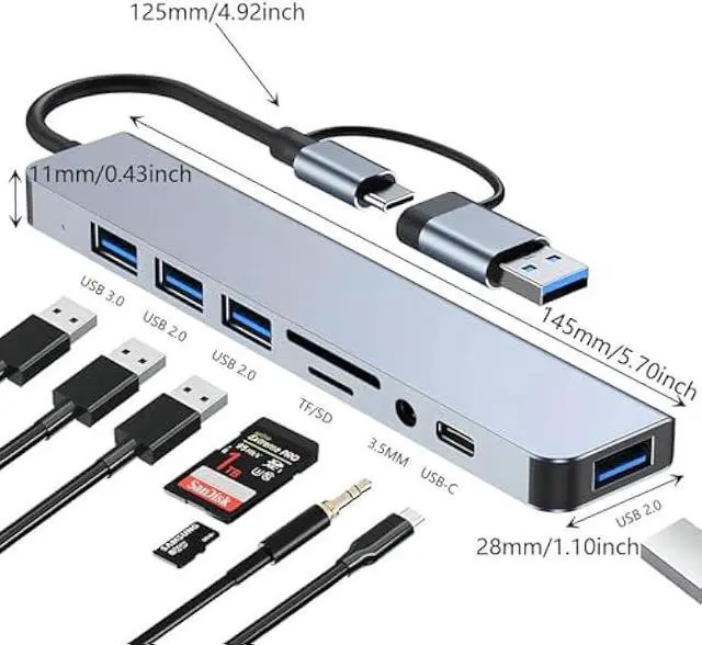 Alt view image 7 of 7 - USB C Hub, 8 in 2 USB Multiport Adapter with USB 3.0, 3 x USB 2.0, USB C SD/TF Card Reader, 3.5mm Audio Port USB Adapterfor MacBook Air/Pro, Laptop, Computer, iMac, iPad