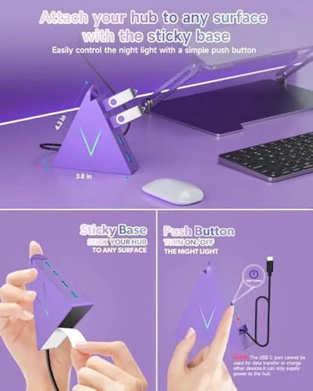 Alt view image 4 of 5 - USB C Hub,USB Hub Tower with 2FT Extended Cable,Type C to USB 3.0 4-Port Splitter Adapter for MacBook, iMac, Laptop, Surface, XPS, Flash Drive, Keyboard, Mouse, HDD (2ft, Dark Purple