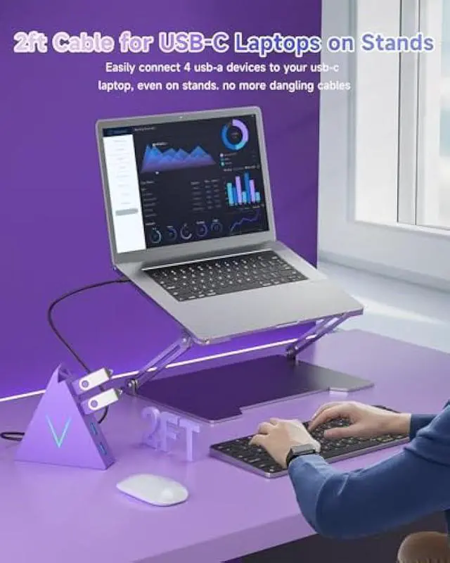 Alt view image 5 of 5 - USB C Hub,USB Hub Tower with 2FT Extended Cable,Type C to USB 3.0 4-Port Splitter Adapter for MacBook, iMac, Laptop, Surface, XPS, Flash Drive, Keyboard, Mouse, HDD (2ft, Dark Purple