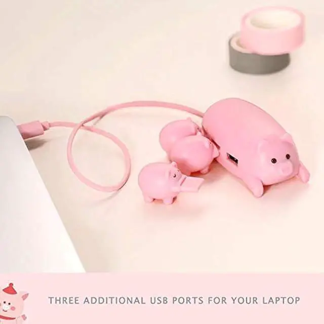 Alt view image 2 of 5 - Pink Pig USB Hub, 3-Port Cute USB Hub with 3 Piglet Decoration Lids, Perfect Pig Stuff & Gifts for Pig Lovers, USB Splitter for Hard Drives, Mouse, and Keyboard.