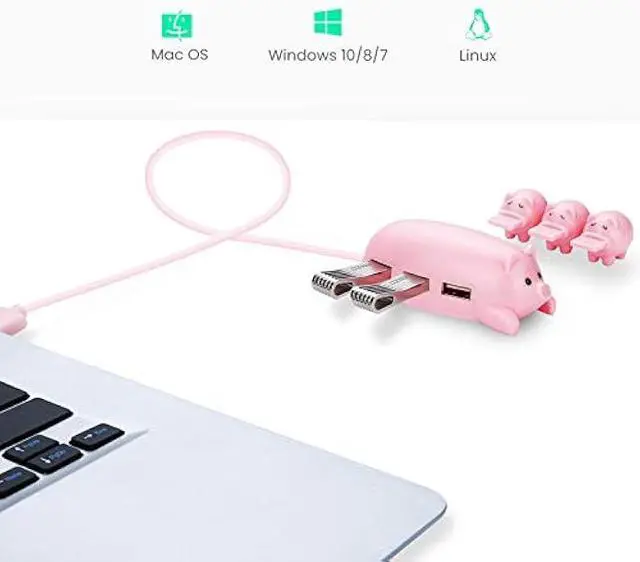 Alt view image 3 of 5 - Pink Pig USB Hub, 3-Port Cute USB Hub with 3 Piglet Decoration Lids, Perfect Pig Stuff & Gifts for Pig Lovers, USB Splitter for Hard Drives, Mouse, and Keyboard.
