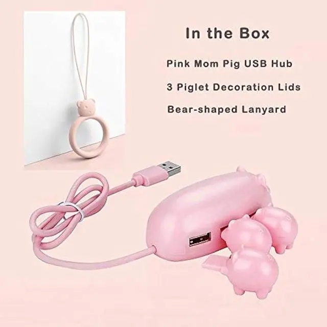 Alt view image 4 of 5 - Pink Pig USB Hub, 3-Port Cute USB Hub with 3 Piglet Decoration Lids, Perfect Pig Stuff & Gifts for Pig Lovers, USB Splitter for Hard Drives, Mouse, and Keyboard.