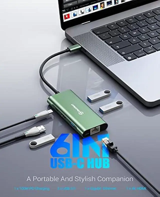 Alt view image 2 of 5 - UtechSmart USB C Hub, Ethernet Multiport Adapter 6 in 1 USB C to HDMI Dock Compatible for MacBook Pro/Air, Chromebook, Dell XPS, HP and Type C Devices (Gigabit Ethernet 100W PD 4K HDMI USB 3.0) Green