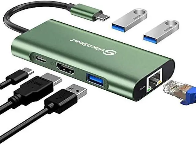 Main image of UtechSmart USB C Hub, Ethernet Multiport Adapter 6 in 1 USB C to HDMI Dock Compatible for MacBook Pro/Air, Chromebook, Dell XPS, HP and Type C Devices (Gigabit Ethernet 100W PD 4K HDMI USB 3.0) Green