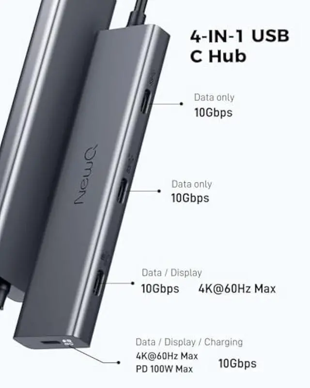 Alt view image 2 of 5 - USB C Video Splitter Dual Monitor, 4-Port USB-C 3.2 Gen 2 10Gbps Hub,for USBC PD Monitor, Type C Monitors, Portable Screen, DP Alt 4K@30-60Hz, 100W PD, for Win/Chrome Laptop, AR Glasses, Game Console