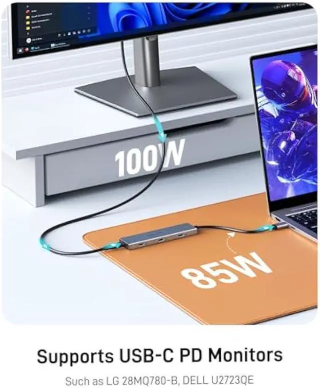 Alt view image 3 of 5 - USB C Video Splitter Dual Monitor, 4-Port USB-C 3.2 Gen 2 10Gbps Hub,for USBC PD Monitor, Type C Monitors, Portable Screen, DP Alt 4K@30-60Hz, 100W PD, for Win/Chrome Laptop, AR Glasses, Game Console