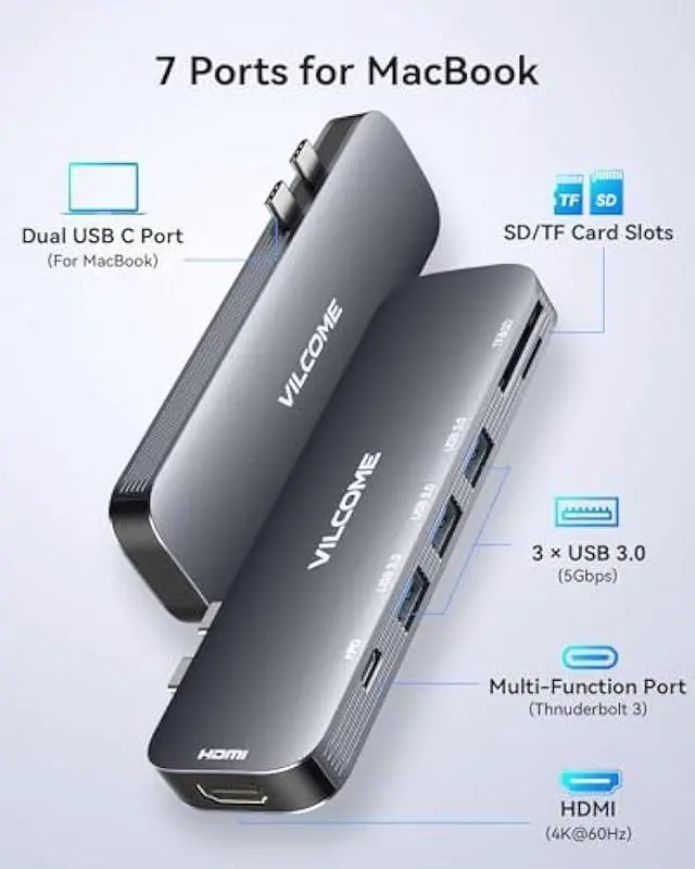 Alt view image 2 of 7 - Vilcome USB C Adapter for MacBook Pro/Air M1 M2 M3 2023 2022 2021 2020 2019, 7-in-2 USB-C Hub MacBook Pro Accessories with Thunderbolt 3 PD Port, 4K@60Hz HDMI, 3 USB 3.0 Ports, TF/SD Card Reader