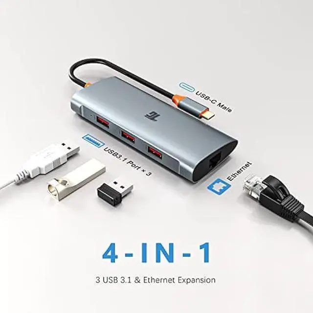 Alt view image 2 of 7 - Tiergrade USB C Hub, USB C Adapter to 3 USB 3.1 and 1Gbps Ethernet, USB 3.1 Hub with 10Gbps SuperSpeed for MacBook Pro/Air, iMac, iPad Pro, Dell, Chromebook and More Type C Devices