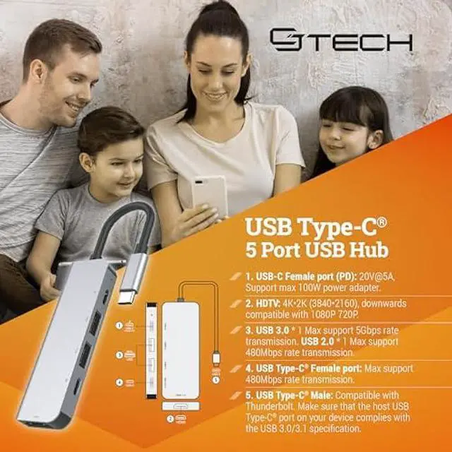 Alt view image 5 of 7 - USB C Hub 5-in-1 Adapter with 2 USB 3.0, 2 USB-C Ports, 100W PD Charging, 5Gbps Data Transfer, 4K HDMI Support  Compatible with Laptops, MacBook, PS5, and More