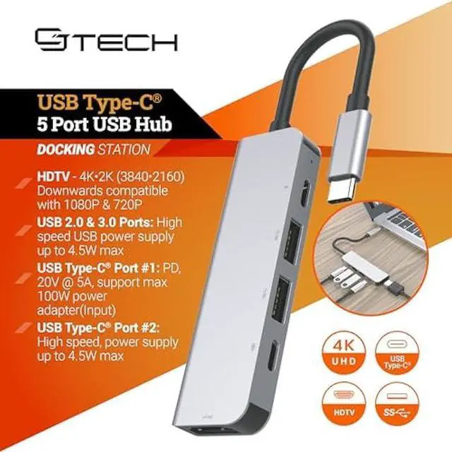 Alt view image 2 of 7 - USB C Hub 5-in-1 Adapter with 2 USB 3.0, 2 USB-C Ports, 100W PD Charging, 5Gbps Data Transfer, 4K HDMI Support  Compatible with Laptops, MacBook, PS5, and More