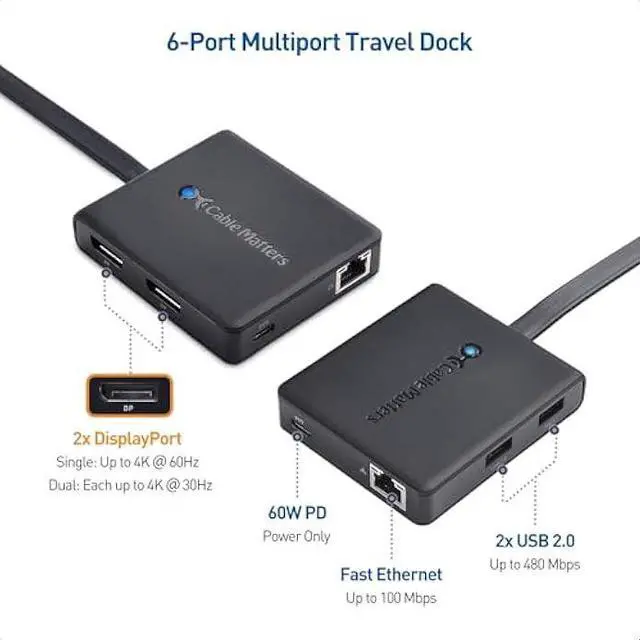 Alt view image 2 of 5 - Cable Matters Dual Monitor USB C Hub (USBC Dock) with Dual 4K DisplayPort, 2X USB 2.0, Ethernet, and 60W Charging - Thunderbolt 4 / USB4 / Thunderbolt 3 Port Compatible for Windows and Linux.