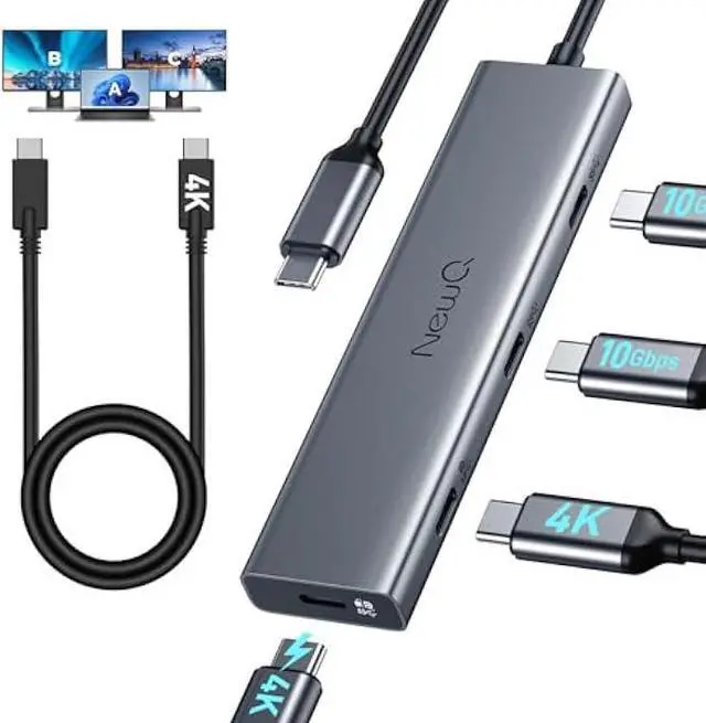Main image of USB C Video Splitter Dual Monitor, 4-Port USB-C 3.2 Gen 2 10Gbps Hub,for USBC PD Monitor, Type C Monitors, Portable Screen, DP Alt 4K@30-60Hz, 100W PD, for Win/Chrome Laptop, AR Glasses, Game Console