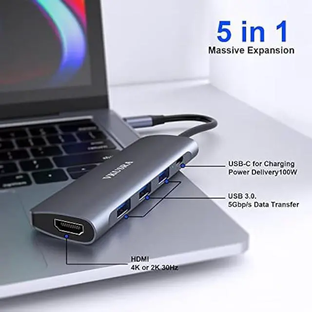 Alt view image 2 of 5 - USB C Hub Multiport Adapter, VKUSRA 5 in 1 Dongle USB C to 4K HDMI, 3 USB 3.0 Port, 100W PD, USBC Adapter for MacBook, XPS, Laptop, PC, and More Type C Devices