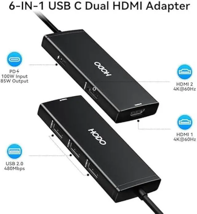 Alt view image 2 of 5 - HODO Docking Station USB C to Dual HDMI Adapter, USB-C Hub with 2 Monitors for Laptop, Dongle Adapter with Dual HDMI 4K@60 Hz, 3 USB Port,PD Compatible for Dell XPS 13/15, etc (Black)