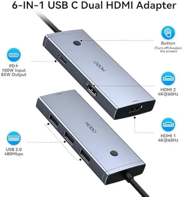 Alt view image 2 of 5 - HODO Docking Station to Dual HDMI Monitors Adapter USB C to Dual HDMI Adapter 4K 60 Hz for Laptops Docking Station Dual Monitor with PD 3 USB Port Button Compatible for HP Elitebook Dell XPS 13 15 etc