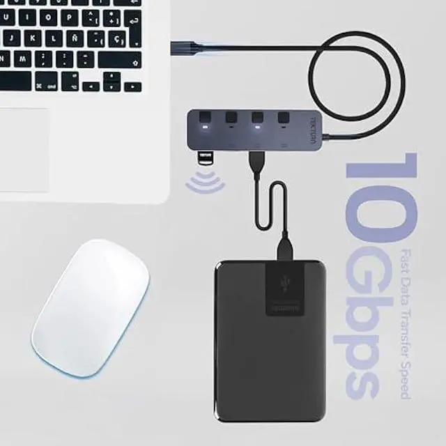 Alt view image 3 of 6 - 4-Port USB-C Hub (10Gbps) with On/Off Switches, 1 USB-C & 3 USB-A Ports, Compatible with MacBook, iMac, iPad Pro, iPhone 16 Pro, Samsung S25 Ultra, iOS, Android & Windows