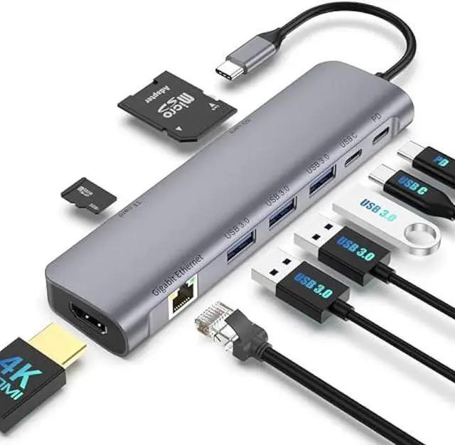 Main image of USB C Hub Multiport Adapter, 9 in 1 Docking Station Laptop with HDMI, Ethernet, 100W PD, 3 USB 3.0 Ports, USB-C Data Port, SD/TF Card Reader, Compatible with MacBook Pro/Air/Dell XPS/Lenovo