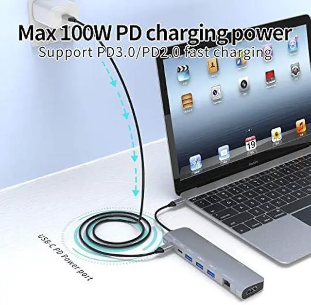 Alt view image 4 of 6 - USB C Hub Multiport Adapter, 9 in 1 Docking Station Laptop with HDMI, Ethernet, 100W PD, 3 USB 3.0 Ports, USB-C Data Port, SD/TF Card Reader, Compatible with MacBook Pro/Air/Dell XPS/Lenovo