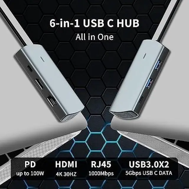 Alt view image 2 of 7 - IDISON 6-in-1 USB C Hub with 4K HDMI, 2 USB 3.0 Ports USB C PD 1Gbps Ethernet Compatible with Laptop, MacBook Pro, MacBook Air, iPad, XPS, and More