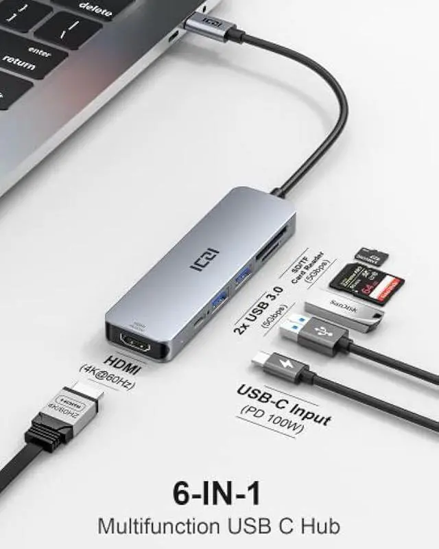 Alt view image 2 of 5 - ICZI USB C Hub Docking Station Multiport Adapter 6 in 1 with HDMI, 2-Port USB 3.0, Card Reader, USB-C Charging Compatible for MacBook Pro/Air, Mac mini, Dell XPS, Lenovo, iPhone 16, Samsung S25 Ultra